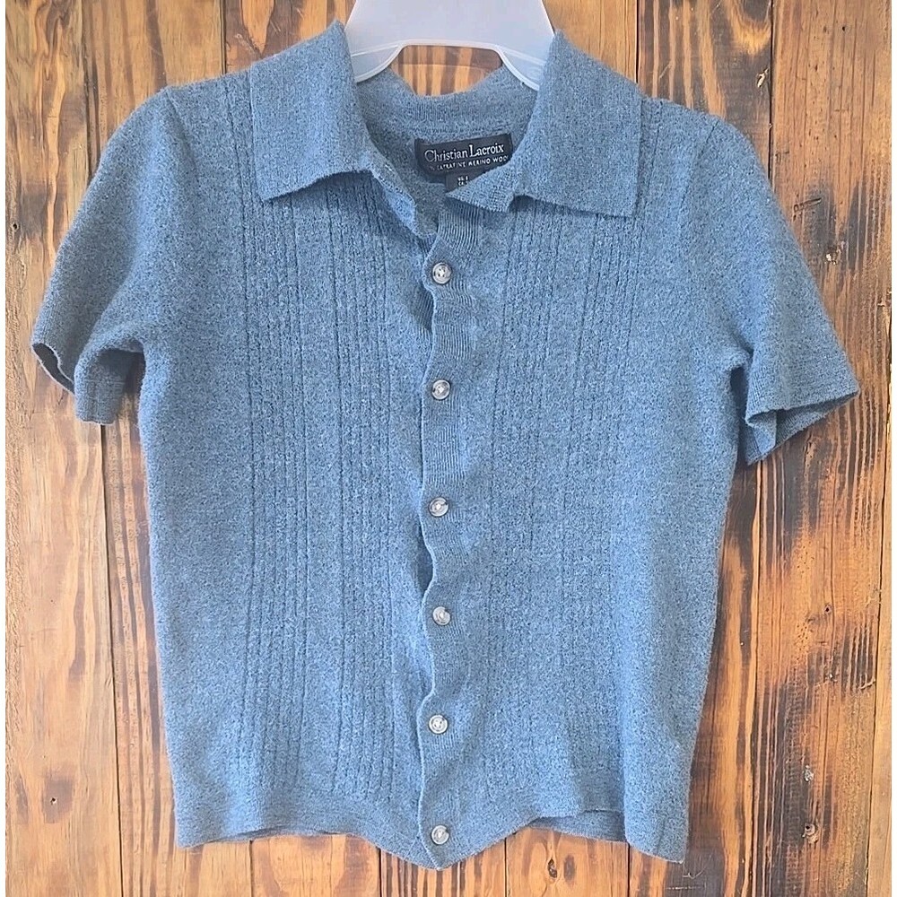 Christian Lacroix 100% Extra Fine Merino Wool Button-Up Sweater Polo, Mens Small